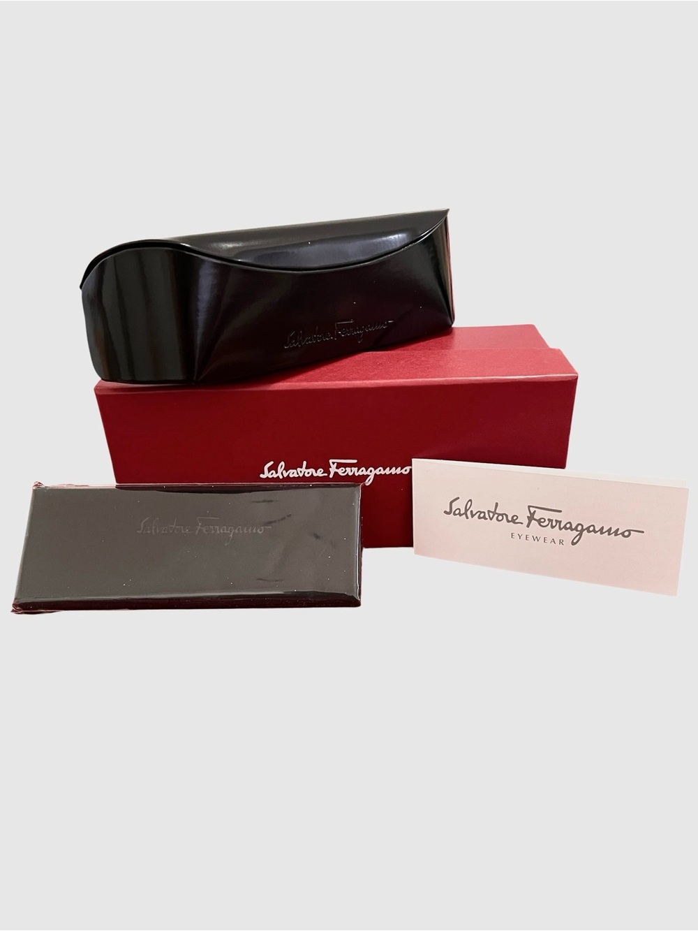 Salvatore Ferragamo Hardshell Eyewear Case, Box & Cleaning Cloth NIB